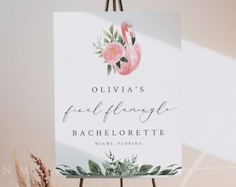 KAYA Flamingo vrijgezellenfeest welkomstbord sjabloon, laatste Flamingle vrijgezellenfeest welkomstposter afdrukbaar, aquarel tropisch strand oceaan DIY