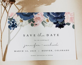 CADENCE Blush and Navy Save the Date Template, Navy and Blush Floral Printable Save the Date, Garden Save the Date, Blue and Pink Wedding