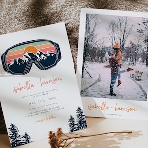 Szablon zaproszenia na ślub narciarski, karta zaproszenia na ślub snowboardowy, zaproszenie na ślub górski, zaproszenie na ślub zimowy w śniegu DIY - ALLIE