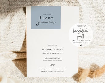 JALAINE Minimal Baby Shower Invitation Template, Blue Baby Shower Invites, Boy Baby Shower Invitation, Simple Baby Shower Invite Printable