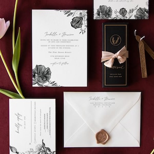 Black Floral Wedding Invitation Template Suite, Black and White Wedding, Vintage Wedding Invitation, Gothic Wedding Invitation - NOVA