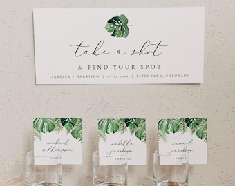 Tropical Watercolor Palm Leaves Take a Shot and Find Your Seat Wedding Seating Chart Template CORA