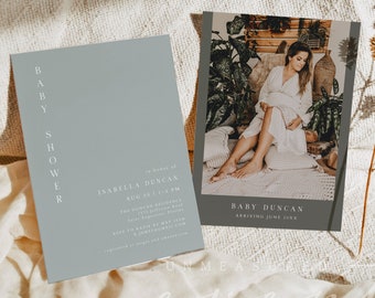 NINA Sage Green Shower Invitation Template, Minimal Baby Shower Invite, Minimalist Baby Shower Invite, Rustic Baby Shower Invite Bohemian
