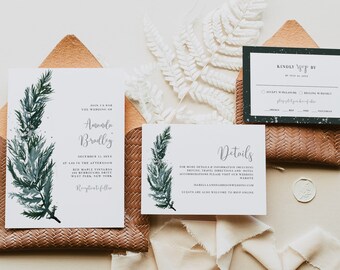 RORY Winter Pine Wedding Invitation Template Suite Rustic Christmas Wedding Invitation Set Printable Forest Green Wedding Invites