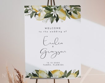 DAHLIA Lemon Wedding Welcome Sign Template, Citrus Wedding Welcome Poster Printable, Botanical Fruit Tropical Wedding Welcome Banner Instant