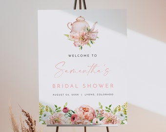 ALICE Bridal Tea Welcome Sign Template, Bridal Shower Welcome Sign Printable, Spring Floral Tea Party Bridal Shower Welcome Poster Blush DIY