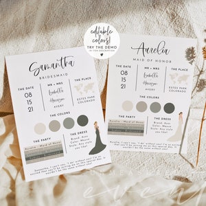 Bridesmaid Info Card Template, Bridal Party Info Card, Bridesmaid Information Card, Modern Minimal Bridesmaid Infographic Calligraphy JOLIE image 1