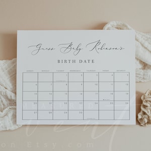 EVELYN Jeu minimaliste de calendrier d'échéance pour bébé, écriture élégante devinez le calendrier d'échéance, signe de prédiction de baby shower neutre en matière de genre