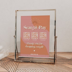 Plantilla de letrero con código QR, letrero retro de escaneo para pago, letrero de pago para pequeñas empresas de los años 70, letrero de pago de CashApp, letrero de pago de Paypal Groovy DIY TRIXIE