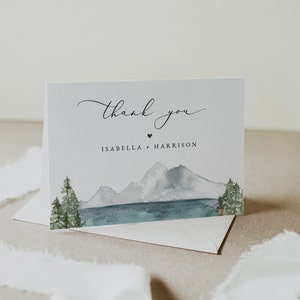 Modèle de carte de remerciement montagne trèfle, carte de remerciement mariage lac montagne, cartes de remerciement Boho, cartes de remerciement mariage Boho image 1