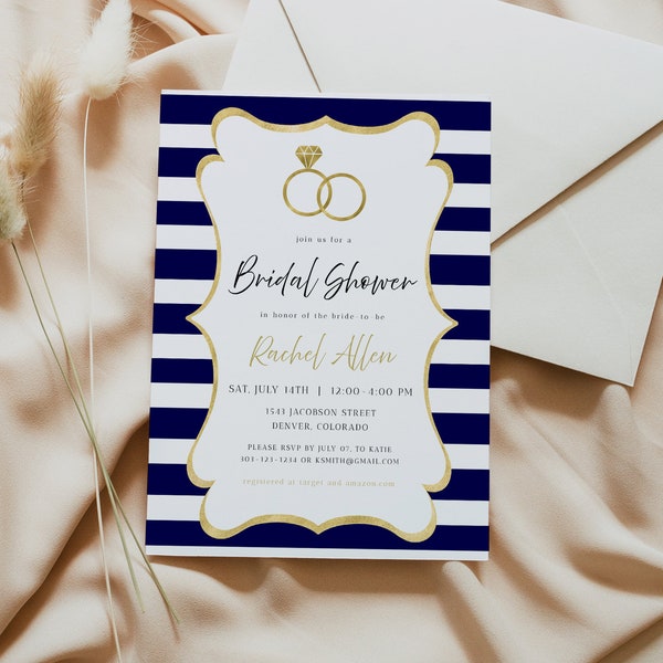 KRISTA Bridal Shower Invitation Template, Navy Blue and Gold Bridal Shower Invite Striped Bridal Shower Invitation, Nautical Beach Evite DIY