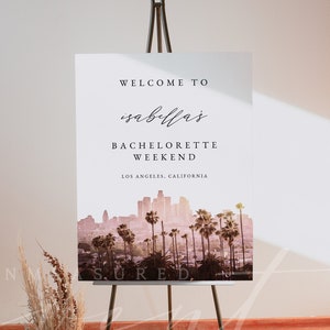 LOS ANGELES Bachelorette Welcome Sign Template, Watercolor Skyline Bachelorette Welcome Sign Printable, LA Bachelorette Weekend Pink Sunset