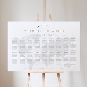 Modello di tabella dei posti a sedere ATLAS, cartello "Dove sei seduto nel mondo", poster dei posti a sedere per matrimoni a destinazione, matrimonio avventuroso a tema viaggio