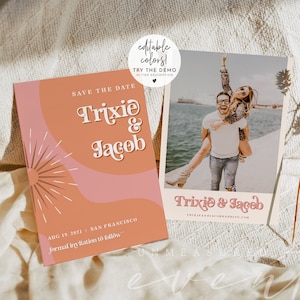 Retro Save the Date Template, 70&#39;s Themed Wedding Save the Date Printable, Groovy Sunburst Save the Date, Photo Save the Date Instant TRIXIE