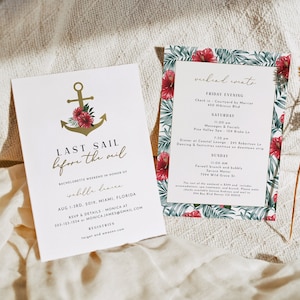 Peut inclure: Une carte blanche avec une ancre dorée et des fleurs d'hibiscus rouges. Le texte indique "Last Sail Before the Veil" et comprend des détails pour un week-end d'enterrement de vie de jeune fille en l'honneur d'"Isabelle Dance".
