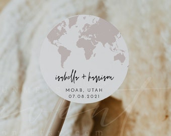 QUINN Blush World Map Round Sticker Template, Destination Wedding Favor Sticker Printable, Envelope Sticker, Round or Square Favor Tag DIY