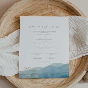Tropische Heiratsurkunde Vorlage, Druckbare Heiratsurkunde Andenken Blau Aquarell Hochzeit, Strandhochzeit Andenken Dekor ADRIAN