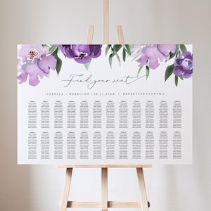 Plantilla de plano de asientos para boda en color morado, plano de asientos con flores en color morado para imprimir, plano de asientos horizontal, plano de asientos horizontal para jardín en color lila LILAH