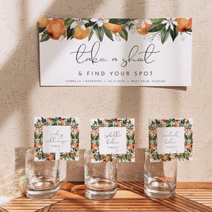 Plantilla para plano de asientos con vasos de chupito, etiquetas imprimibles para plano de asientos con champán, tarjetas de lugar cuadradas con flores de naranja, boda con frutas cítricas CALLIOPE