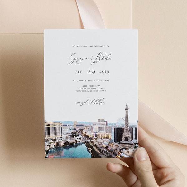 Monte - Las Vegas Wedding Invitation Template, Vegas Wedding Invite, Watercolor Vegas Strip Wedding Invitation Instant Download Templett