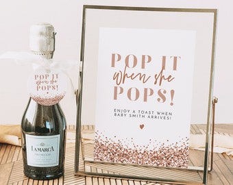 REGINA Pop It When She Pops Sign and Tag, Baby Shower Champagne Favor Stickers, Rose Gold Glitter Baby Shower Favors, Girl Baby Shower Sign