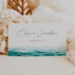 Plantilla de tarjeta de lugar para boda con acuarela azul, tarjetas imprimibles con lugar en el océano, tarjeta de lugar para boda en la playa, tarjetas con acuarela verde azulado en el océano de México CABO