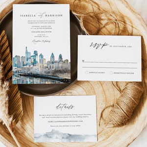 Conjunto de plantillas para invitaciones de boda en FILADELFIA, descarga instantánea de invitaciones de boda en acuarela en Filadelfia, diseño de horizonte de ciudad para bodas de destino