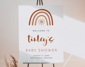 Letrero de bienvenida para baby shower de Tinley, póster de bienvenida arcoíris para baby shower, bienvenida bohemia para baby shower, diseño bohemio con efecto terracota naranja quemado y efecto sol DIY.