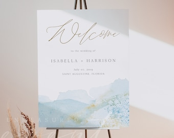 GEMMA Wedding Welcome Sign Template, Ocean Wedding Welcome Sign Printable, Tropical Wedding Welcome Sign Instant, Island Blue Watercolor DIY