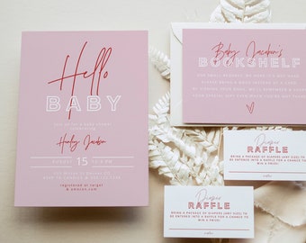 HENLEY Baby Shower Invitation Template Suite Modern Hello Baby Invite Set Edgy Blush Girl Books for Baby Diaper Raffle Ticket Game