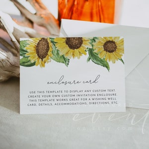 Puede incluir: Una tarjeta blanca con un borde de girasoles y el texto "enclosure card" impreso en negro. El texto debajo de la tarjeta dice "Utilice esta plantilla para mostrar cualquier texto personalizado. Cree su propia envoltura de invitación personalizada. Esta plantilla funciona muy bien para una tarjeta de pozo de deseos, detalles, alojamiento, direcciones, etc."