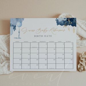 STELLA Blue Balloon Baby Due Date Calendar Game, Navy Watercolor Guess The Due Date Calendar, Navy and Gold Baby Shower Prediction Sign DIY