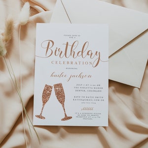 VIVIEN Rose Gold Birthday Invitation Template, Rose Gold Glitter 21st Birthday Invite, Champagne Birthday Invite, Bubbly Birthday Evite