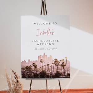 LOS ANGELES Bachelorette Welcome Sign Template, Watercolor Skyline Bachelorette Welcome Sign Printable, LA Bachelorette Weekend Pink Sunset