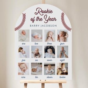 Collage de photos pour le 1er anniversaire de BARRY, bannière photo d'anniversaire de baseball, panneau d'étape pour bébé recrue de l'année, étape importante avec photo Little Slugger