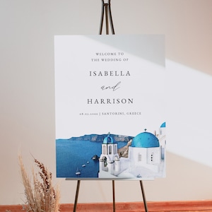 Modello di cartello di benvenuto per matrimonio a SANTORINI, poster di benvenuto per matrimonio con skyline di Santorini in acquerello, benvenuto per matrimonio a destinazione stampabile in Grecia