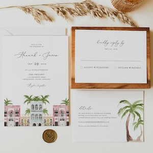 Plantillas para invitaciones de boda en Charleston, invitaciones de Charleston, invitaciones de boda en México, invitaciones de boda en ciudades tropicales - FIONA