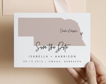 QUINN Nebraska Map Save the Date Template, Nebraska Wedding Save the Date Template, Omaha Map Save the Date Postcard, Save the Date Blush