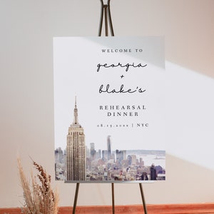 NEW YORK CITY Rehearsal Dinner Welcome Sign Template, Watercolor Nyc Skyline Wedding Rehearsal Poster, Instant Download Destination Wedding