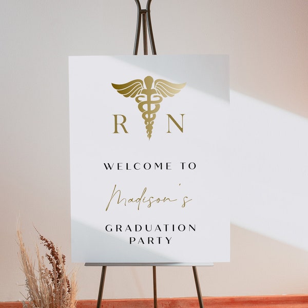 MAEVE Nurse Graduation Party Welcome Sign Template, Yellow Gold RN Graduation Welcome Poster Printable, Any Nurse LPN Graduation Welcome Diy