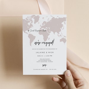 QUINN Blush Map We&#39;re Engaged Invitation Template, Adventure Engagement Party Invites, World Map Engagement Party Invitation Templett