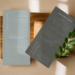 May include: A light blue and grey wedding ceremony programme with the names Isabella Rose and Harrison Avery printed on the front. The programme lists the order of events for the ceremony, including the seating of the families, lighting of the wedding candles, and the presentation of the couple. The back of the programme features a grey card with the wedding party listed, including the officiant, mother of the bride, father of the bride, maid of honour, bridesmaids, flower girl, mother of the groom, father of the groom, best man, and groomsmen.