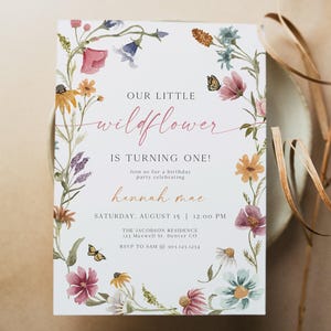 CAMILLA Wildflower First Birthday Invitation Template, Butterfly 1st Birthday Invite, Girl Floral Birthday Printable, Little Wildflower