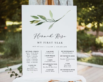 ISABELLA Greenery First Birthday Milestone Board Template, Bohemian Milestone Board, Baby Milestone Board, Botanical Milestone Poster