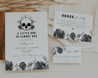 NOVA Halloween Baby Shower Invitation Suite, Gothic Baby Shower Invitation Set, Skull Baby Shower Vintage Black Floral A Little Boo Is Due