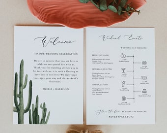 ELEANOR Cactus Wedding Timeline Template, Desert Wedding Welcome Letter & Timeline, Editable Wedding Day Timeline, Bohemian Wedding Events