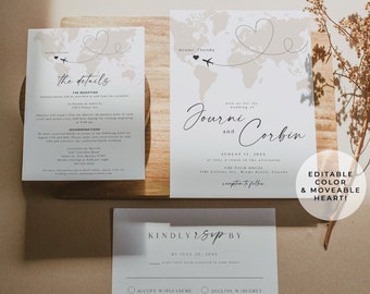 JOURNI Destination Wedding Invitation Template Suite Editable World Map 3 Piece Wedding Set Travel Adventure Themed Wedding Invite Kit