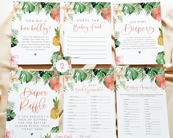 Tropical Baby Shower Game Bundle, Luau Baby Shower Game Templates, Pink Hibiscus Baby Shower Game Set, Girl Aloha Baby Shower Games LALANI