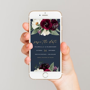 ROSA Marsala Wedding Evite Template, Navy Wedding Invitation, Text Wedding Invitation, Burgundy Floral Wedding Invite, Winter Wedding Invite