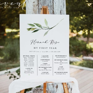 ISABELLA Greenery First Birthday Milestone Board Template, Bohemian Milestone Board, Baby Milestone Board, Botanical Milestone Poster
